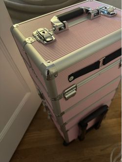 4 in 1 Rolling Makeup Train Case, Aluminum Makeup Travel Organizer Cosmetic Case, Cosmetology Display Suitcase on Wheels, Beauty Storage Luggage Locka