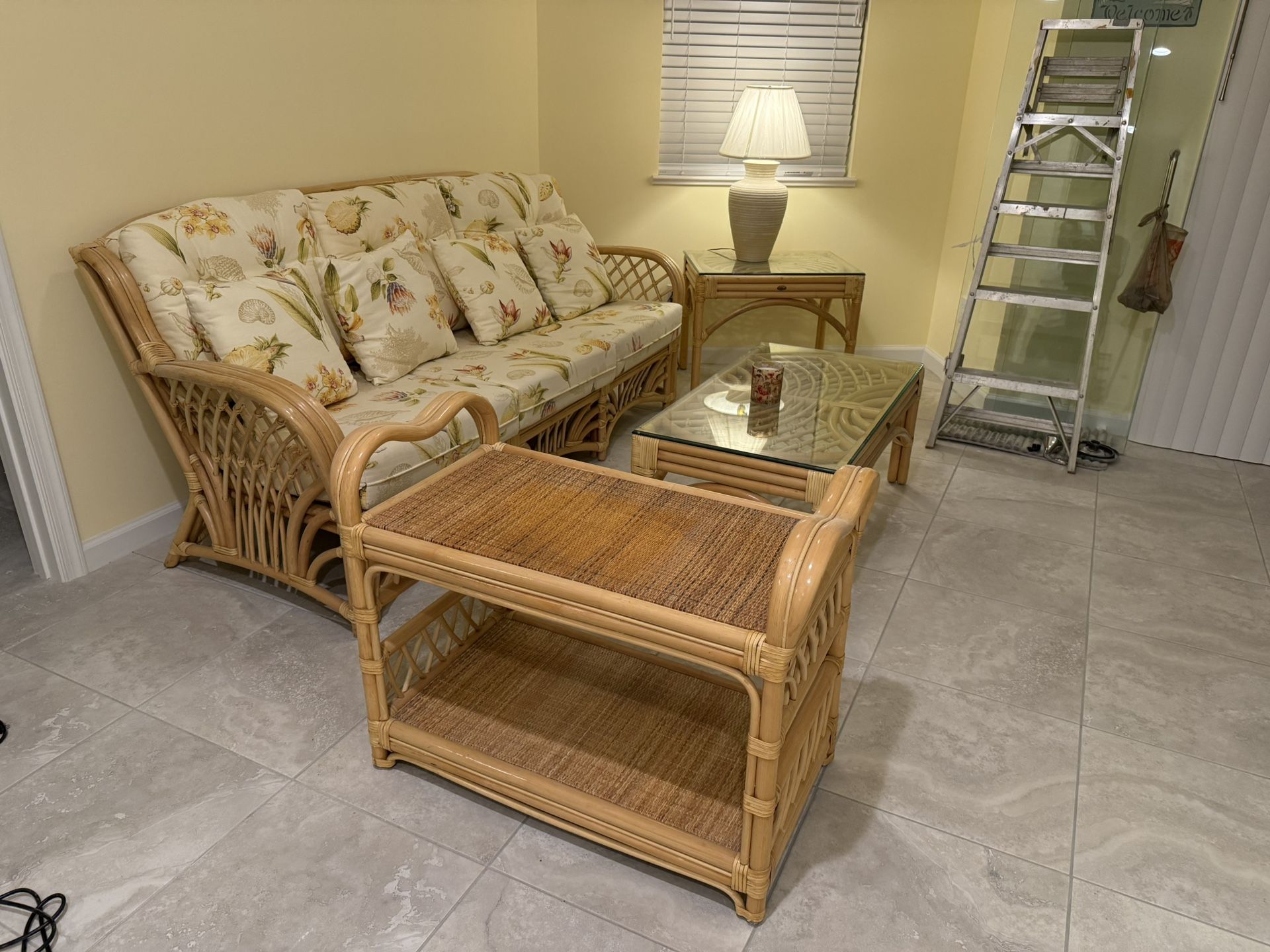 Rattan Living Room Sofa With Side Table, Center Table And Media Stand. 