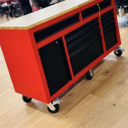Milwaukee 61 in. 11-Drawer/1-Door 22 in. D Mobile Workbench with Sliding Pegboard Back Wall in Red/Black. New! Open box item. $1350 Location: Arlingto