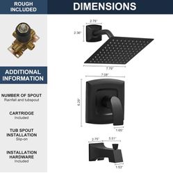 Tub Shower Faucet, Matte Black Shower Faucet Set with 8-Inch Square Rain Shower Head and Tub Spout, Brass Shower System Bathtub Shower Faucet Set Comp