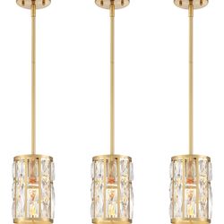 Modern Crystal Pendant Light Fixture 3-Pack Gold Finish Hanging Lighting Crystal Chandelier for Kitchen Island