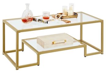 42" Small Gold Coffee Table for Living Room, 2-Tier Glass Shelf
