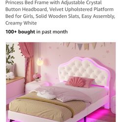 ADORNEVE Twin Bed Frame with RGB LED Lights, Princess Bed Frame with Adjustable Crystal Button Headboard, Velvet Upholstered Platform Bed for Girls, S