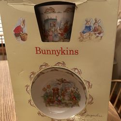 Royal Doulton Bunnykins - box date 1989 Vintage Royal Doulton Bunnykins Set - Plate Bowl  Cup 1936 fine bone china  8" plate 6" bowl  3.5" cup Childs 