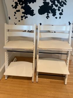 2 Stokke Tripp Trapp Chairs with Cushions - White - $350