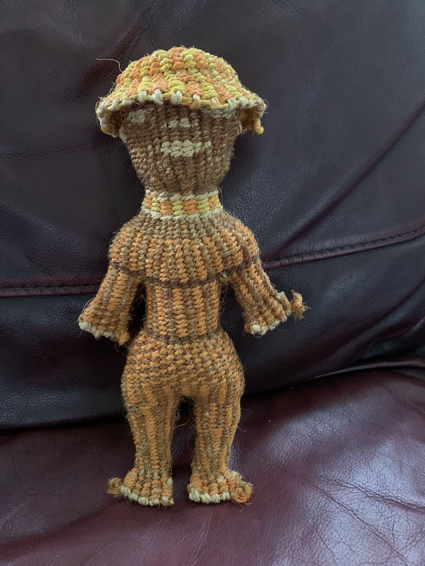 Vintage Mexican Folk Art Handmade Woven Jute Doll/Baby Rattle w/Bells Inside