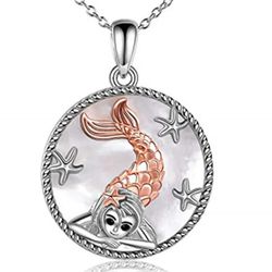 BRAND NEW IN PACKAGE 18K SILVER PLATED ROUND DISC ROSE GOLD MERMAID PENDANT SILVER CHAIN NECKLACE 18" WITH 2" EXTENDER GIFT FOR HER 