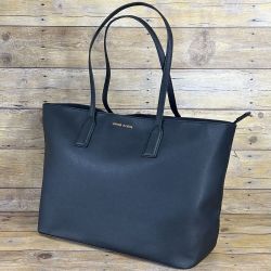 Anne Klein Large Black Saffiano Faux Leather Tote Bag with Gold Hardware