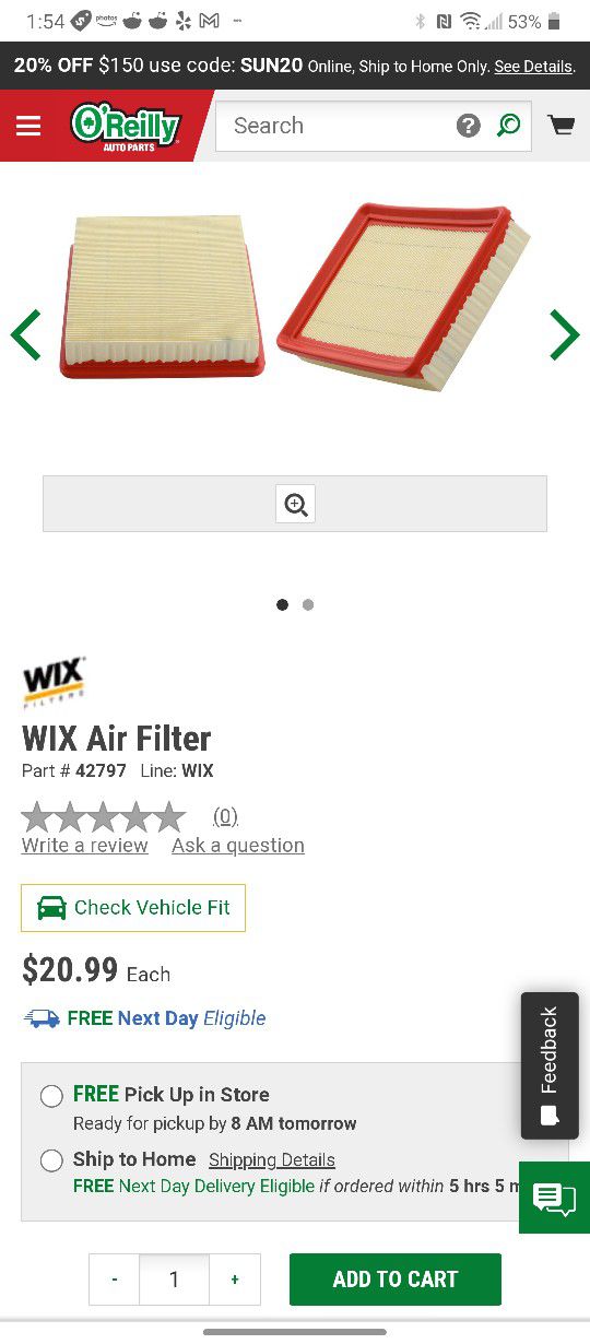 Wix 42797 Air Filter Optima Or Sonata
