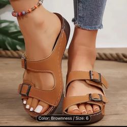 Women's Solid Color Casual Sandals, Platform Soft Sole Double Buckle Bands Walking Slides, Comfort Wedge Vacation Slides