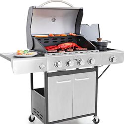 New! 4-Burner Propane Gas BBQ Grill with Side Burner & Porcelain-Enameled Cast Iron Grates, 42,000 BTU Output Stainless Steel Grill