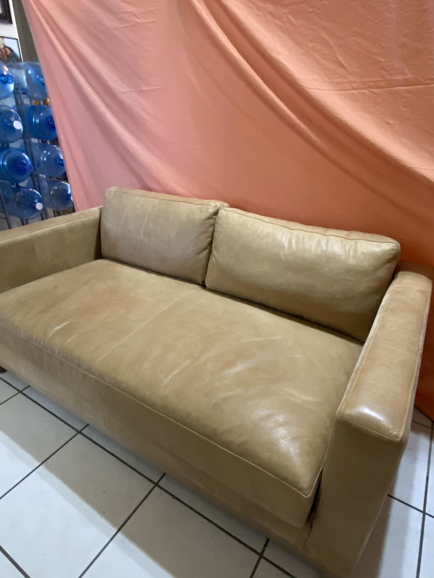 Rutherford Square Arm Leather Grand Sofa, Polyester Wrapped Cushions, Keystone Sandstone