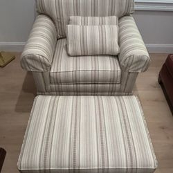 Ethan Allen Paramount Club Chair & Rolling Ottoman – Dresden Bisque Fabric –
