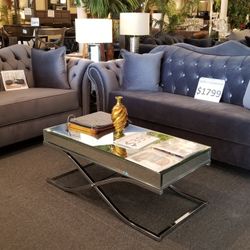 Brand New Grey Or Navy Blue Velvet Modern Sofa + Loveseat 2PCs Set