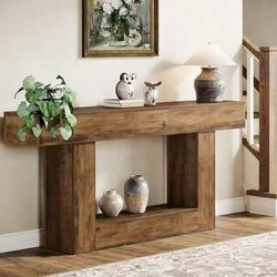 RY0241 63" Console Table, Farmhouse 2-Tier Entryway Table with U-Shaped Base, Narrow Long Wood Sofa Table Behind Couch Table for Living Room, Hallway,