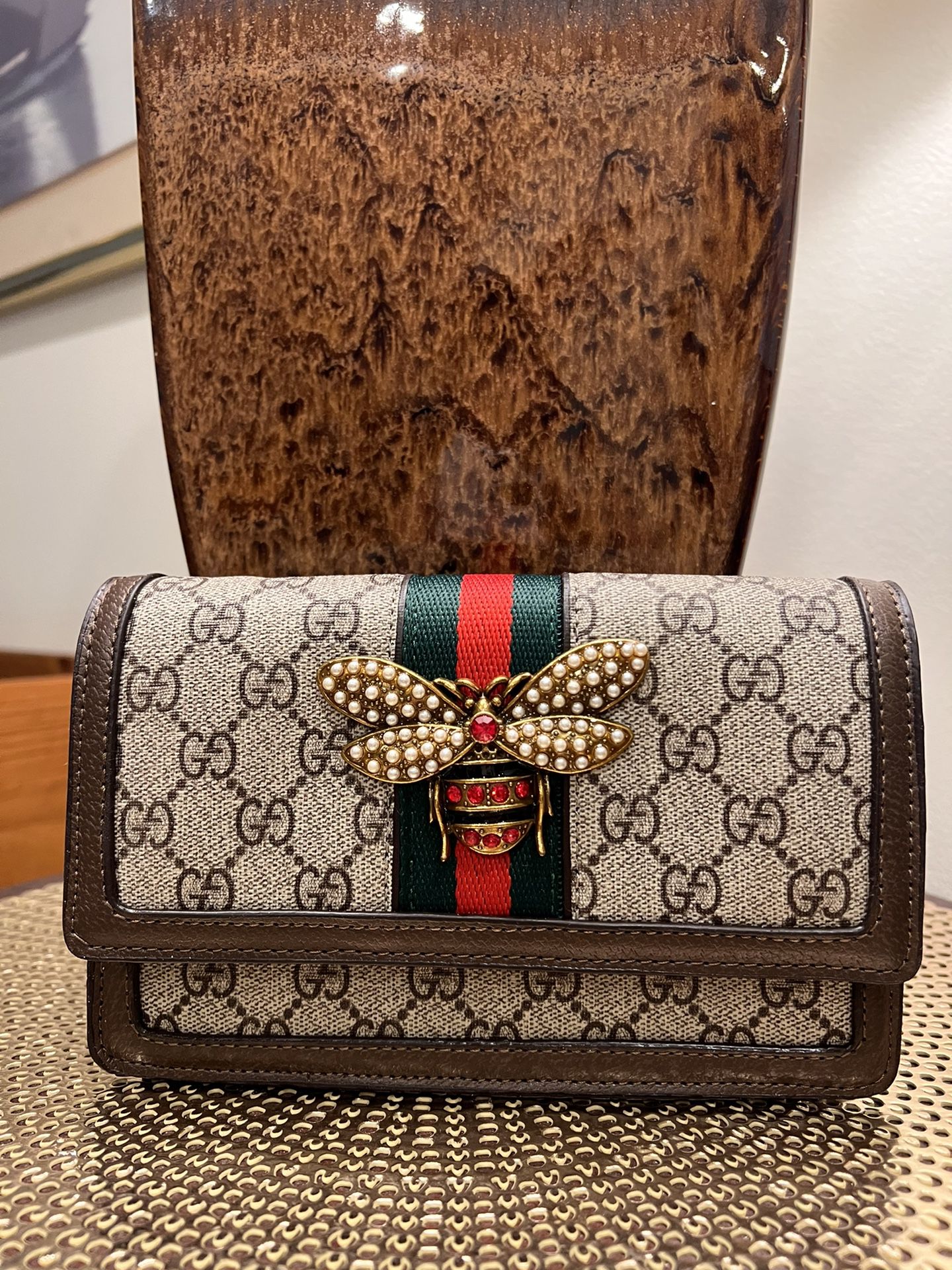 Gucci  GG Supreme Canvas and Leather Web Queen Margaret Wallet on Chain