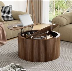 Mid Century Round Fluted Lift Top Coffee Table, Modern Center Table with Storage and Compartment, 2