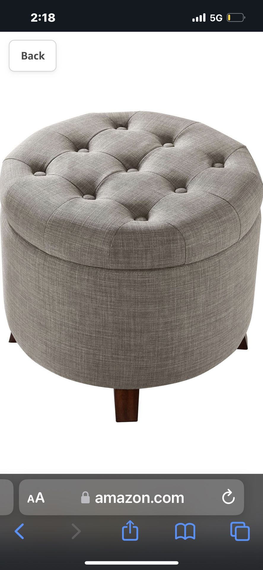 Amazon Basics Upholstered Tufted Storage Round Ottoman Footstool, Grey, 20"W x 20"D x 17"H
