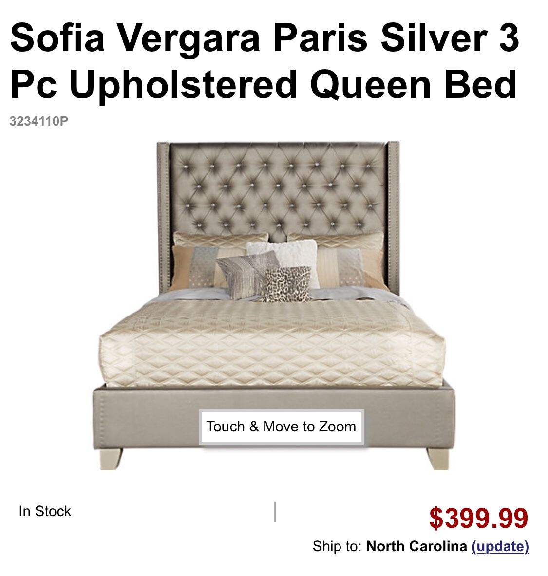 Sofia Vergara Paris Silver 3 Pc Upholstered Queen Bed