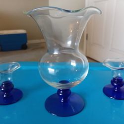 3 pcs Vase W/2 Candle Holders, Royal Blue And Glass