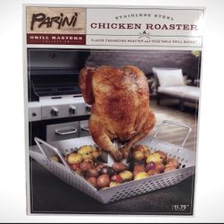 Parini Grill Masters Stainless Steel Chicken Roaster Flavor Enhancing Roaster & Vegetable Grill Basket!