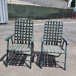 2 Vintage Folding Lawn Chairs, Vynil Webbed 
