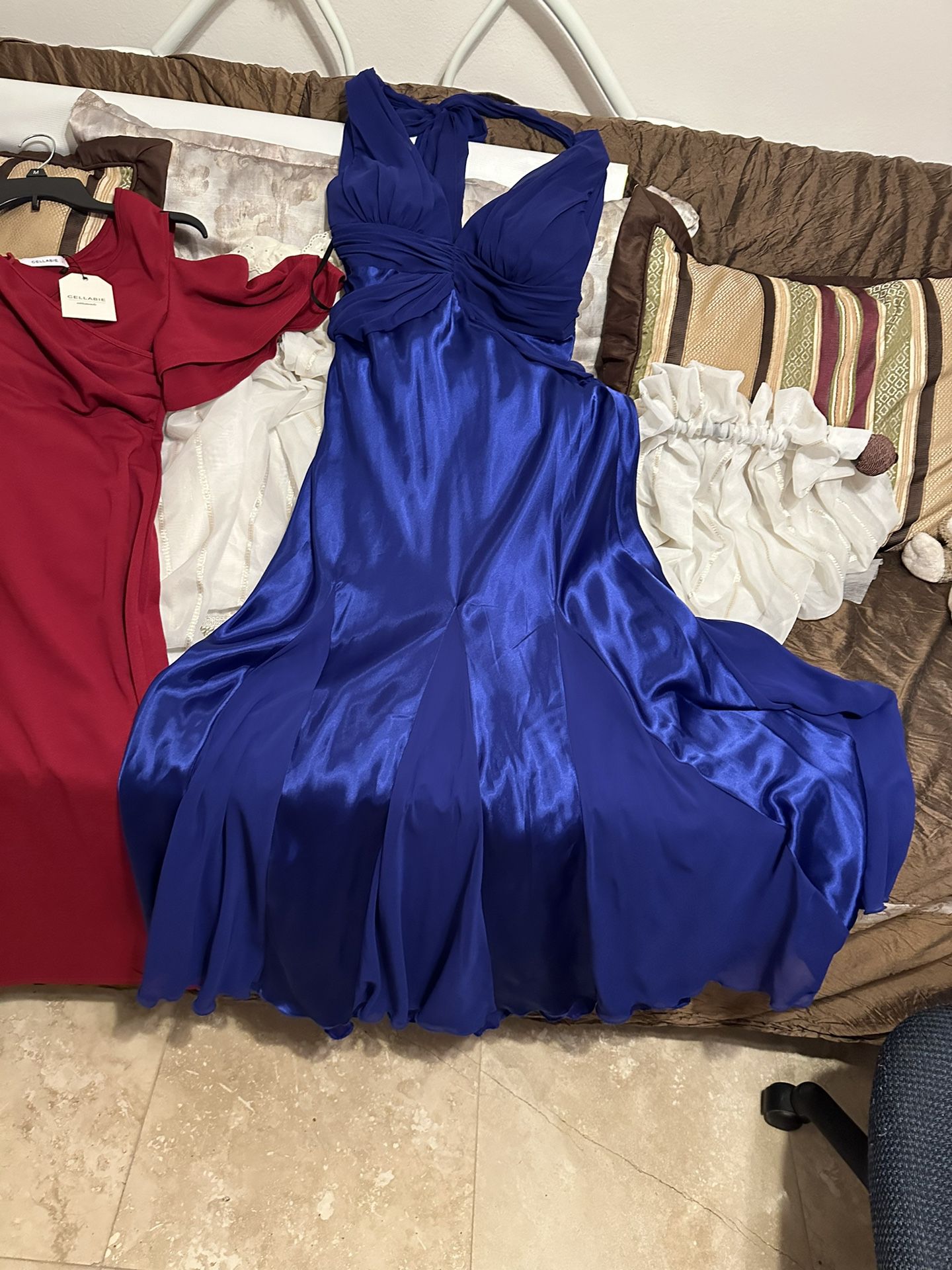 Two Stunning Beautiful long Dresses Both long-red Is New & Large- Blue Med Like New