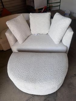 Holley Oversized Cream Boucle Swivel Chair + Storage Ottoman