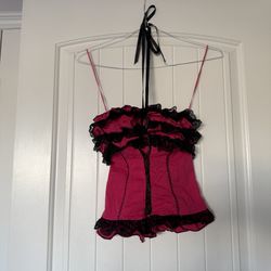 Strapless Hot Pink & Black Lace Ruffled Bustier Top — Padded Wireless Corset Camisole with Front Lace-Up (S)
