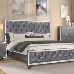 Silver Mirrored Bed With Elegant Upholstered Button Tufting On Headboard Footboard
