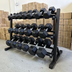 5-50 Lb Rubber Coated Hex Dumbbell Set with 3-Tier Heavy Duty Dumbbell Rack New in Box   Dumbbell Set 5lb - 50lb With Heavy Duty 3 Tier Rack Brand New