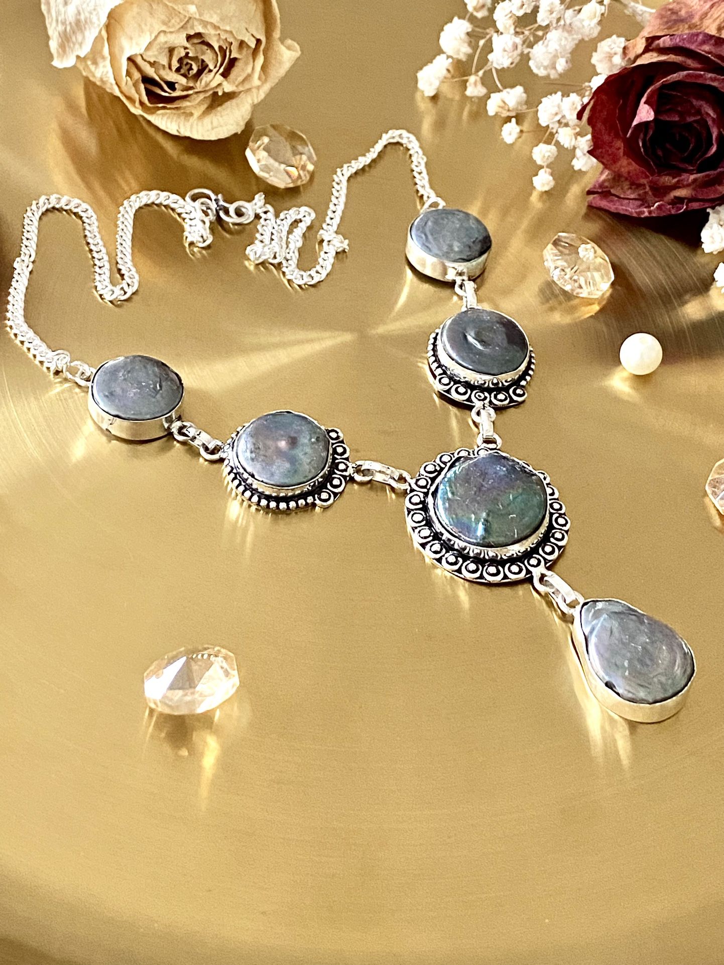 Gray Biwa Pearl 925 Sterling Silver Overlay Dangling Necklace 