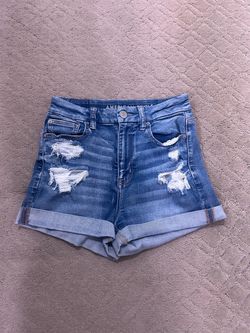 American Eagle Outfitters Rolled Hem Distressed Blue Jean Shorts size 4 American Eagle Outfitters high-rise denim shorts with rolled cuffs. Distressed