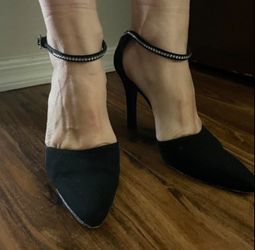 Holiday Satin Ankle Strap Black Pumps Sz 6.5