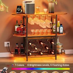 3-Tier Bar Cart with Wine Rack, Glass Holders, and Built-In Power Strip 
