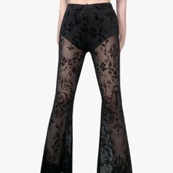 Women Black Lace Flares Pants Floral Sheer Trousers Stretchy