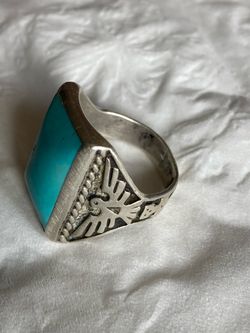 Navajo Turquoise Silver Thunderbird Mens Ring Bell Sterling