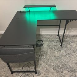 ONLY 1 Left - L Shaped Gaming Desk With Desk Extender, 47-59in Smart Corner Computer Desk With LED Lights & Power Outlets, Monitor Stand, Storage Bag