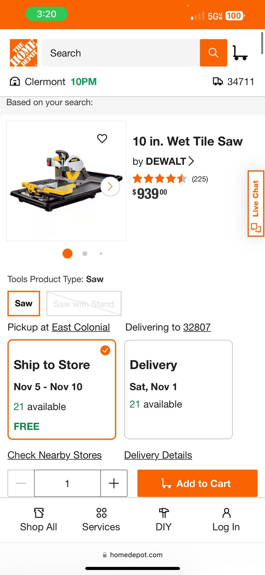10” Dewalt Wet Tile Saw