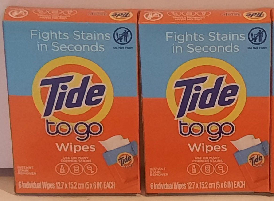 (2) Tide To Go Wipes Instant Stain Remover 6 Individual Wipes per pack