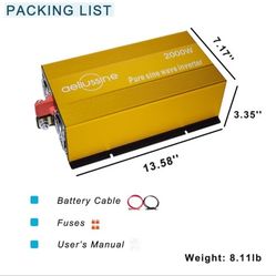 2000W Pure Sine Wave Inverter-12V DC to 110V 120V AC Power Converter with 2 AC Outlets