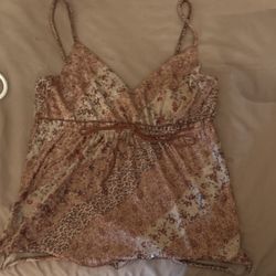 y2k trendy brown tank top small size flower pattern