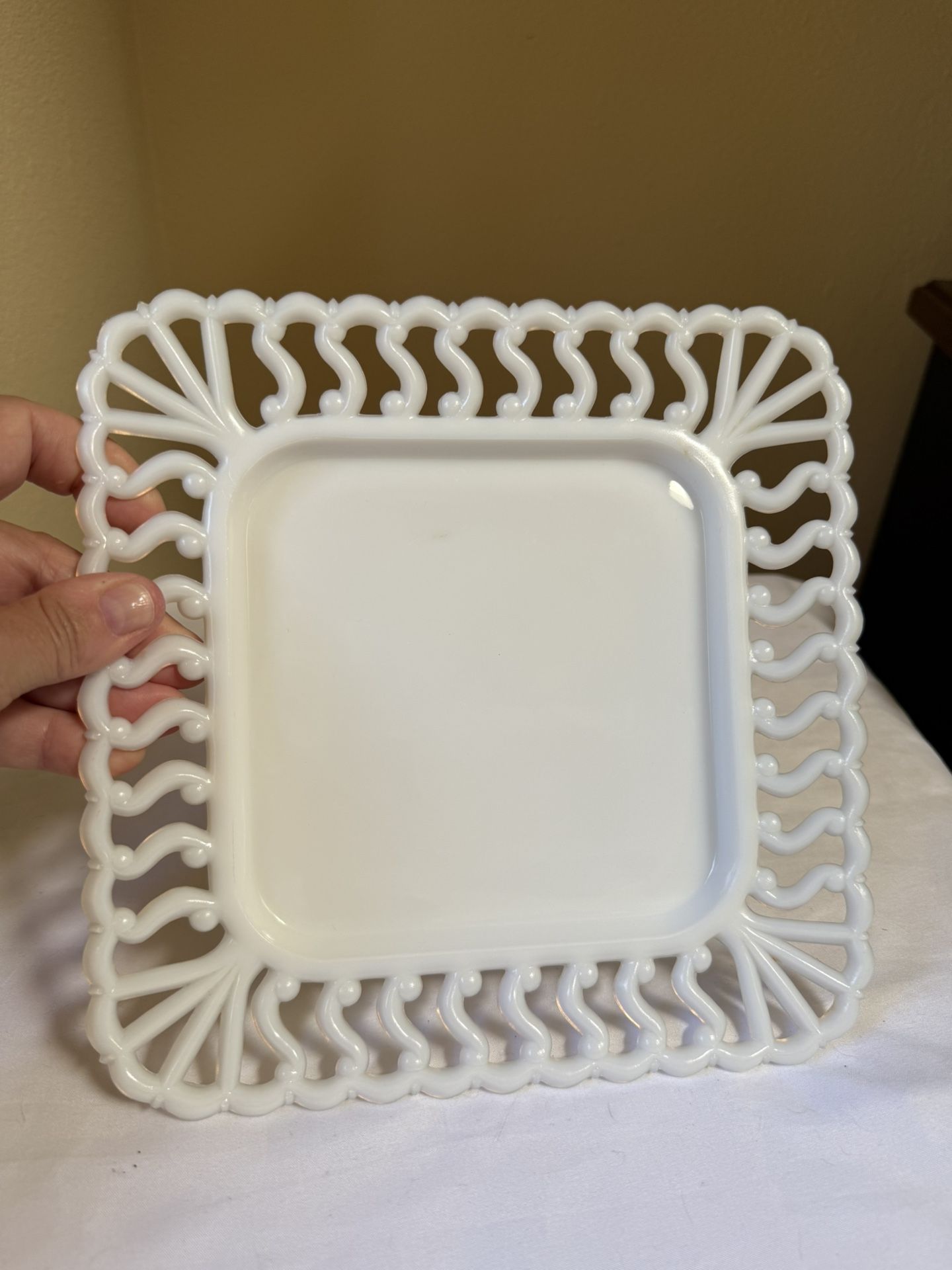 Vintage White Milk Glass Square Plate with a Lace Edge