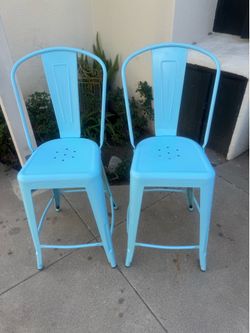 Pair of Aqua Blue Metal Bar Stools