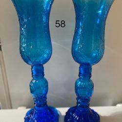 Set of (2) Gorgeous Large Vintage Empoli peacock blue floral hurricane Vase/Candle Holders. 18 3/4” Tall.