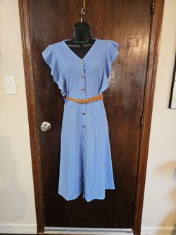 Franclia V-Neck Ruffle Sleeve Metal Button Waist Midi Dress