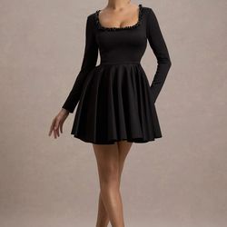 Club L London Wilder Embellished Mini Dress – Black | Pearl Neckline | Elegant Party Dress