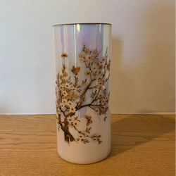 Iridescent cylinder vase branches of flowers and butterflies 9” x 4” A26