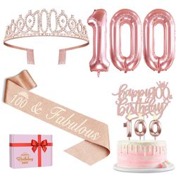 100th Birthday Decorations For Women, Include 100th Birthday Sash And Tiara, Cake Topper And Candles, Number Balloons, 100 Year Old Gifts Women