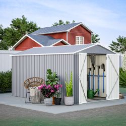 8 x 12 FT Outdoor Storage Shed, Large Metal Tool Storage with Aluminium Frame and Lockable Doors, Storage for Backyard Garden Patio Lawn, Grey